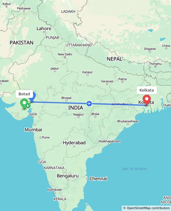 Route map showing distance and travel time from Botad, India to Kolkata, India