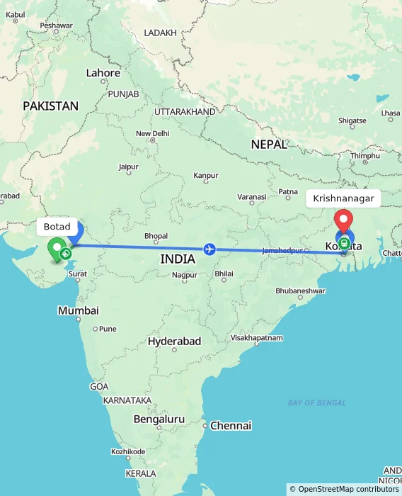 Route map showing distance and travel time from Botad, India to Krishnanagar, India