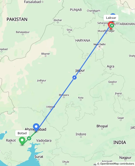 Route map showing distance and travel time from Botad, India to Laksar, India