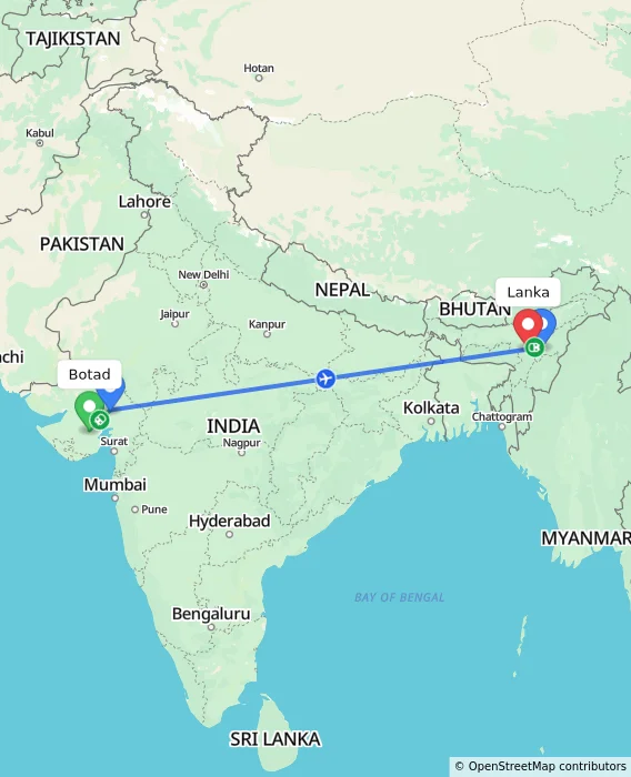 Route map showing distance and travel time from Botad, India to Lanka, India