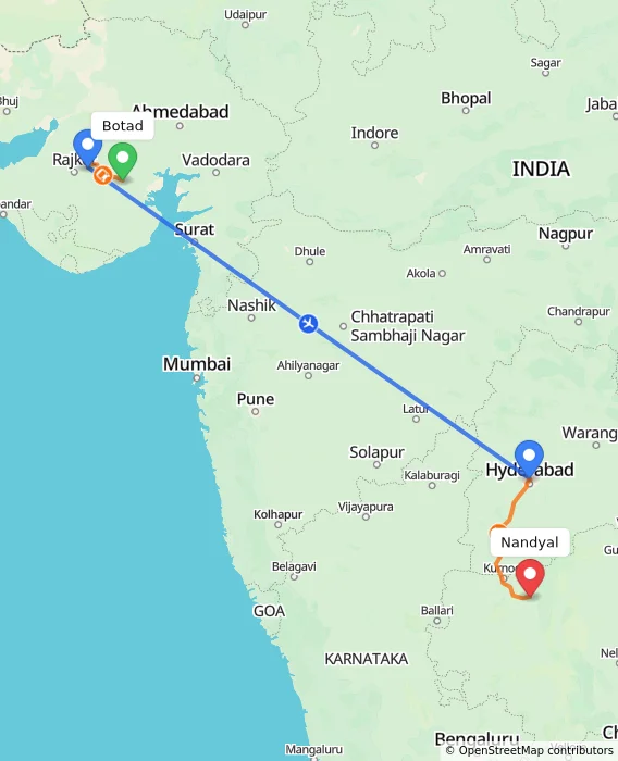 Route map showing distance and travel time from Botad, India to Nandyal, India