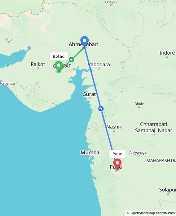 Route map showing distance and travel time from Botad, India to Pune, India
