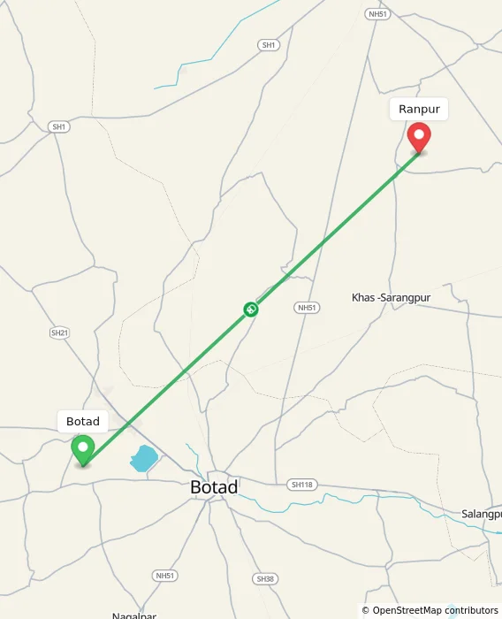 Route map showing distance and travel time from Botad, India to Ranpur, India