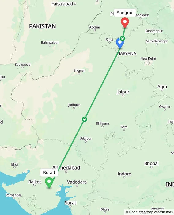 Route map showing distance and travel time from Botad, India to Sangrur, India