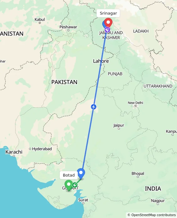 Route map showing distance and travel time from Botad, India to Srinagar, India