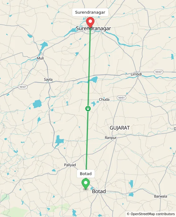 Route map showing distance and travel time from Botad, India to Surendranagar, India