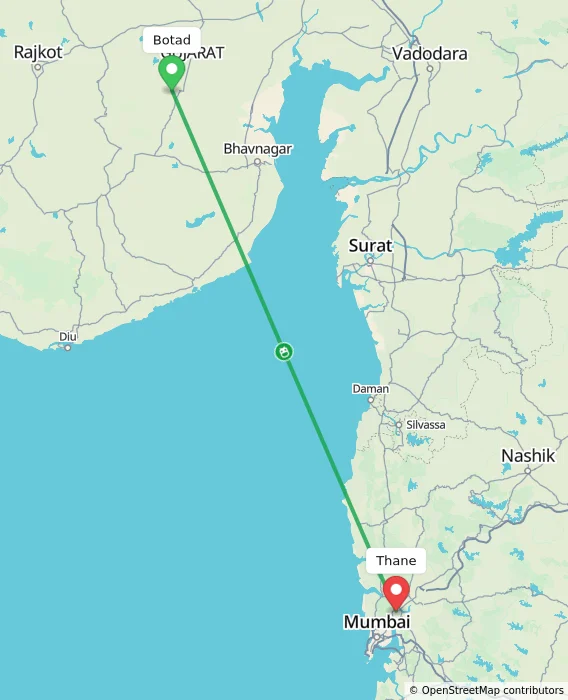 Route map showing distance and travel time from Botad, India to Thane, India