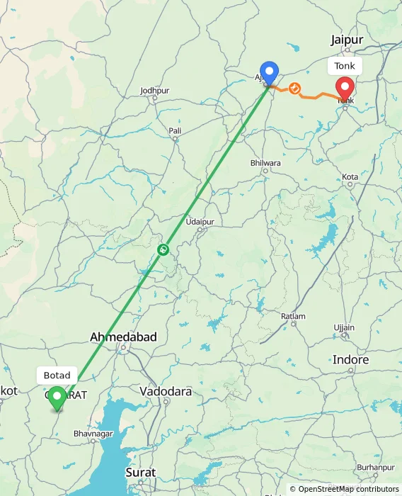 Route map showing distance and travel time from Botad, India to Tonk, India