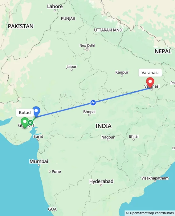 Route map showing distance and travel time from Botad, India to Varanasi, India