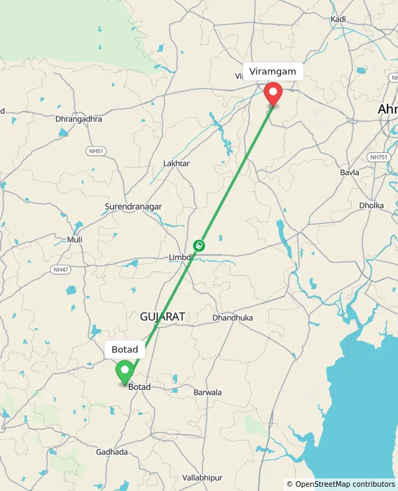 Route map showing distance and travel time from Botad, India to Viramgam, India