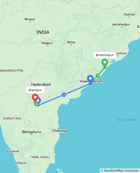 Route map showing distance and travel time from Brahmapur, India to Alampur, India
