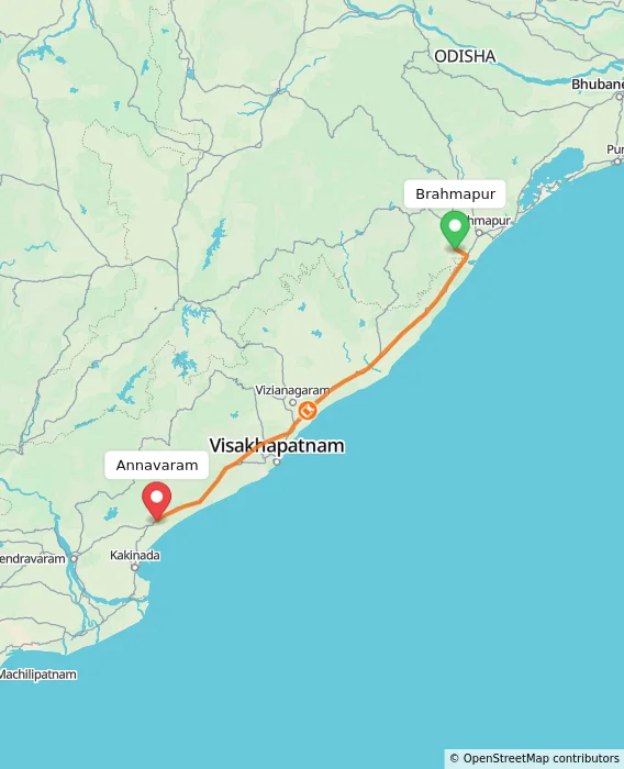 Route map showing distance and travel time from Brahmapur, India to Annavaram, India