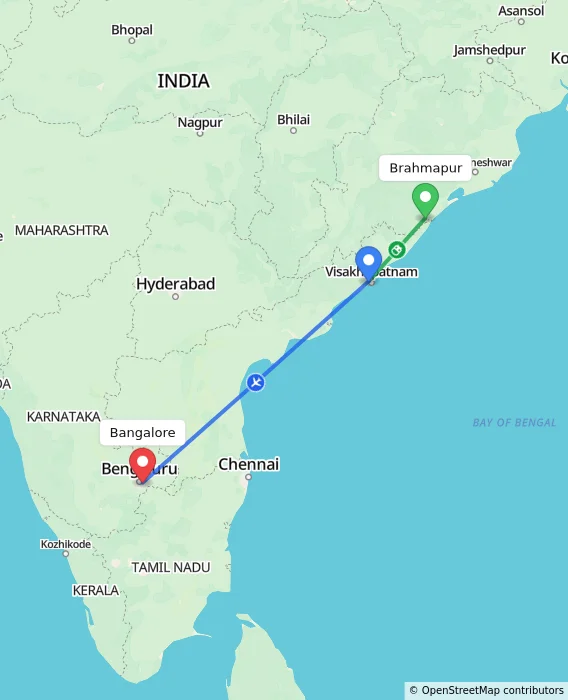Route map showing distance and travel time from Brahmapur, India to Bangalore, India