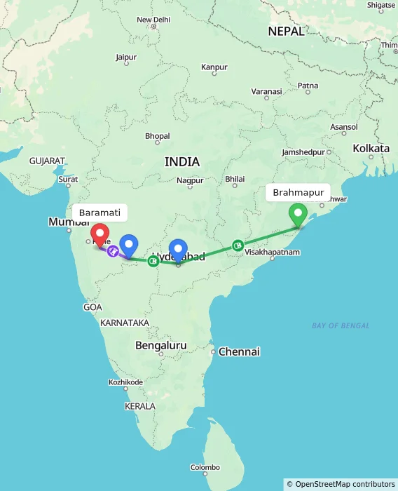 Route map showing distance and travel time from Brahmapur, India to Baramati, India