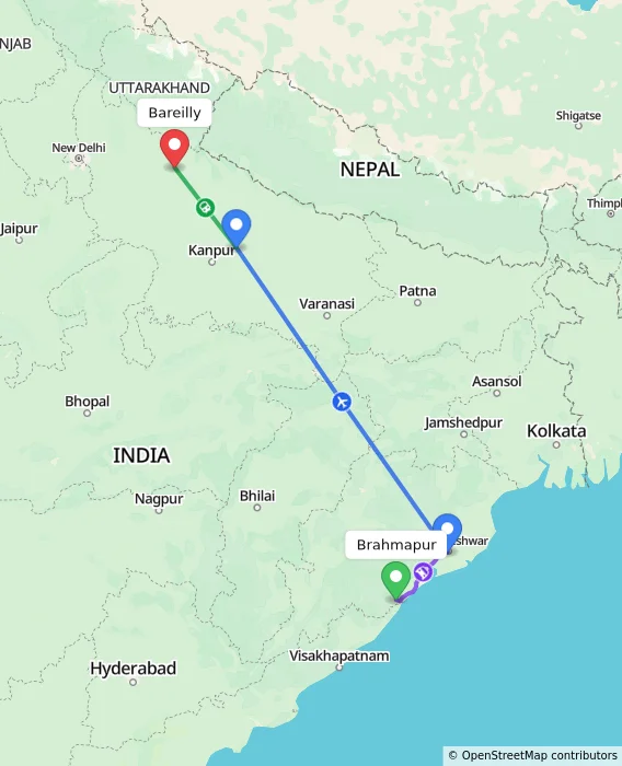 Route map showing distance and travel time from Brahmapur, India to Bareilly, India