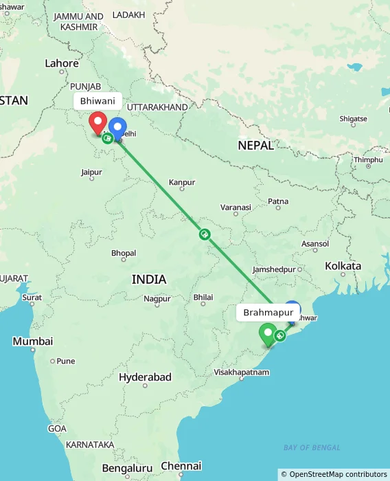 Route map showing distance and travel time from Brahmapur, India to Bhiwani, India