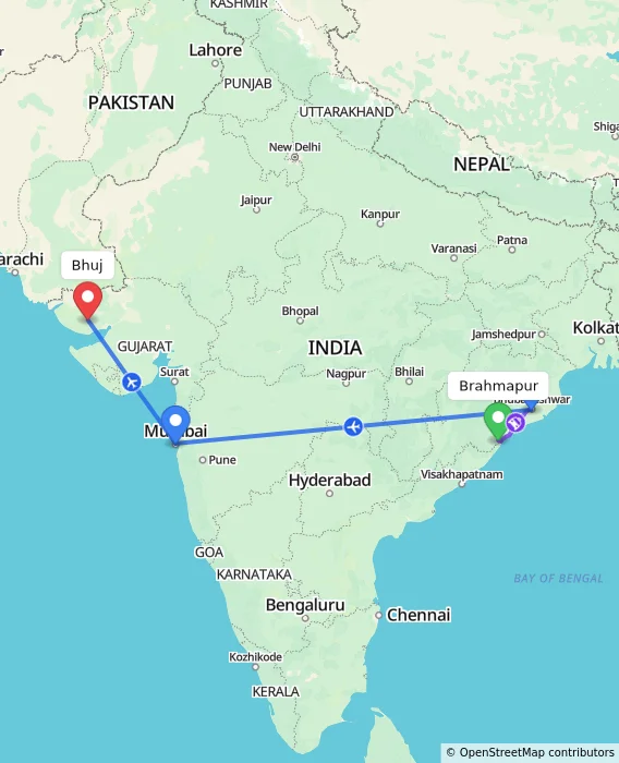 Route map showing distance and travel time from Brahmapur, India to Bhuj, India