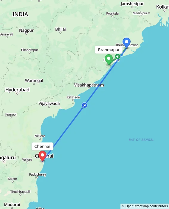 Route map showing distance and travel time from Brahmapur, India to Chennai, India