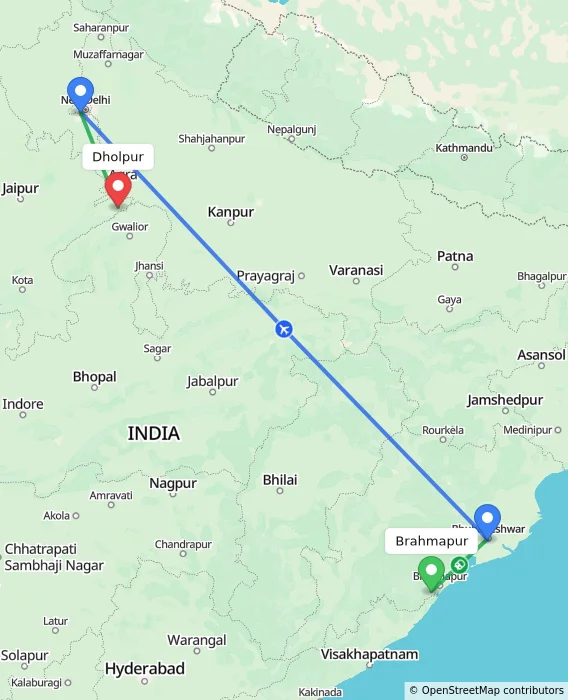 Route map showing distance and travel time from Brahmapur, India to Dholpur, India