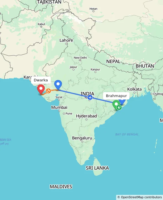 Route map showing distance and travel time from Brahmapur, India to Dwarka, India
