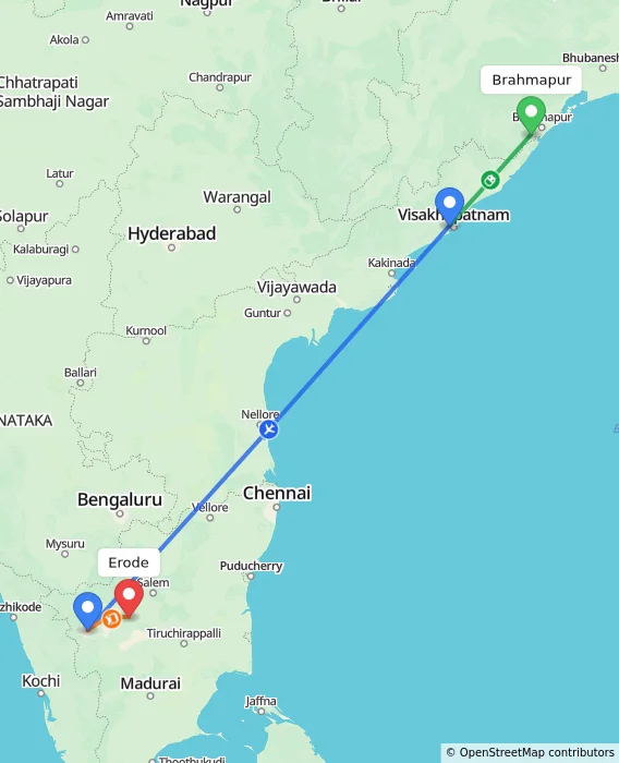 Route map showing distance and travel time from Brahmapur, India to Erode, India