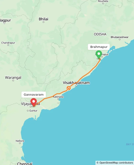 Route map showing distance and travel time from Brahmapur, India to Gannavaram, India