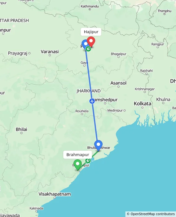Route map showing distance and travel time from Brahmapur, India to Hajipur, India
