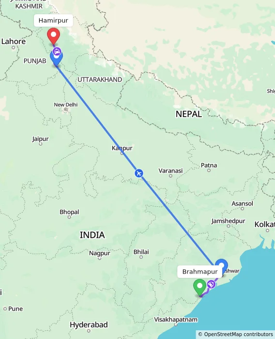 Route map showing distance and travel time from Brahmapur, India to Hamirpur, India