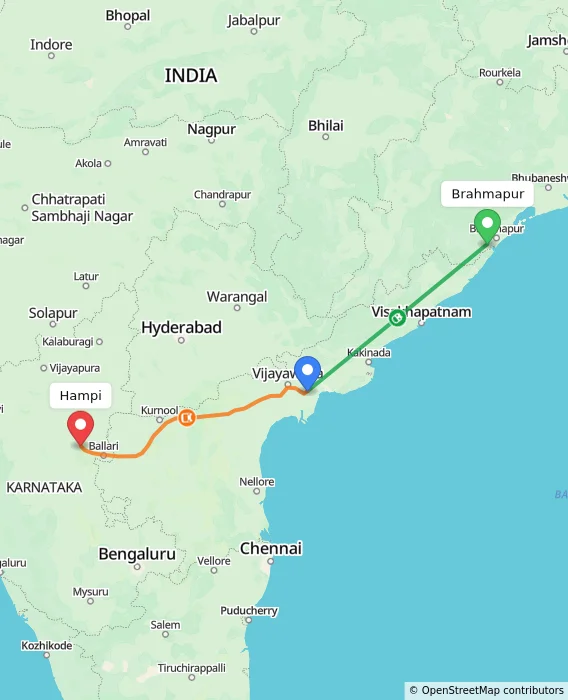 Route map showing distance and travel time from Brahmapur, India to Hampi, India