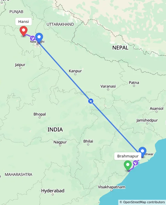 Route map showing distance and travel time from Brahmapur, India to Hansi, India