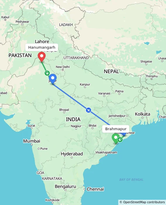 Route map showing distance and travel time from Brahmapur, India to Hanumangarh, India