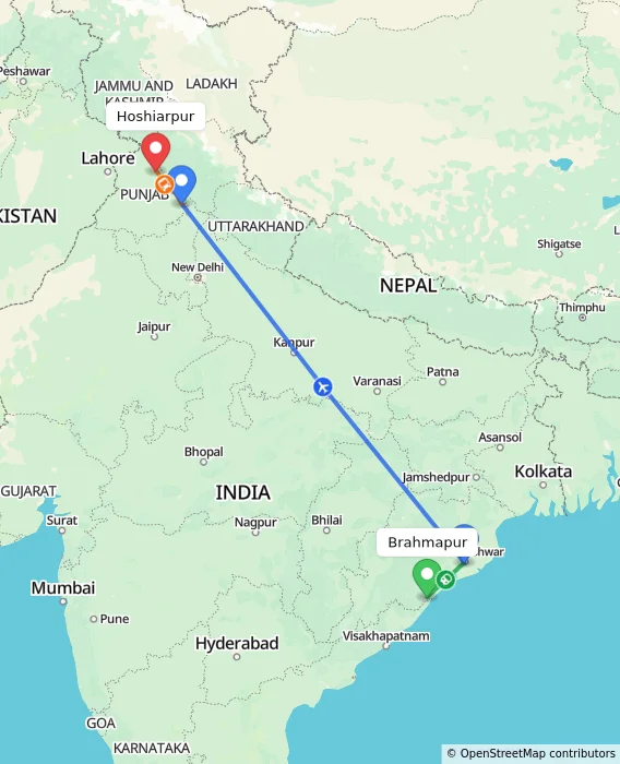 Route map showing distance and travel time from Brahmapur, India to Hoshiarpur, India