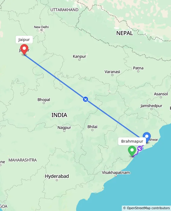 Route map showing distance and travel time from Brahmapur, India to Jaipur, India