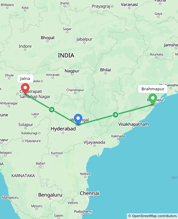 Route map showing distance and travel time from Brahmapur, India to Jalna, India
