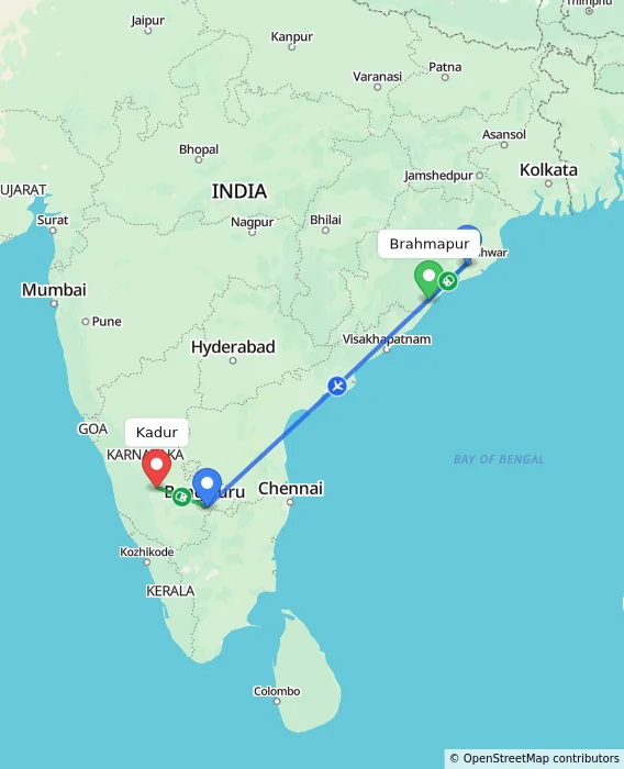 Route map showing distance and travel time from Brahmapur, India to Kadur, India