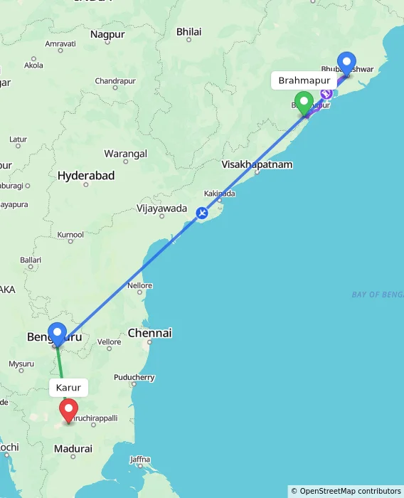 Route map showing distance and travel time from Brahmapur, India to Karur, India