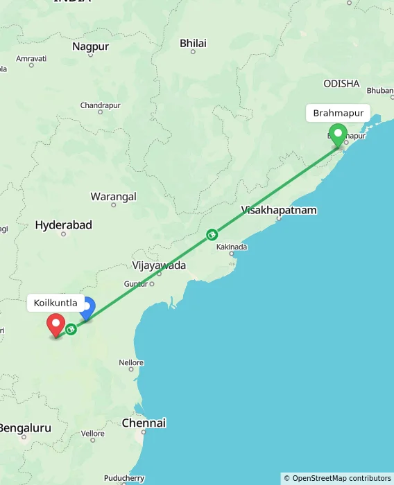 Route map showing distance and travel time from Brahmapur, India to Koilkuntla, India