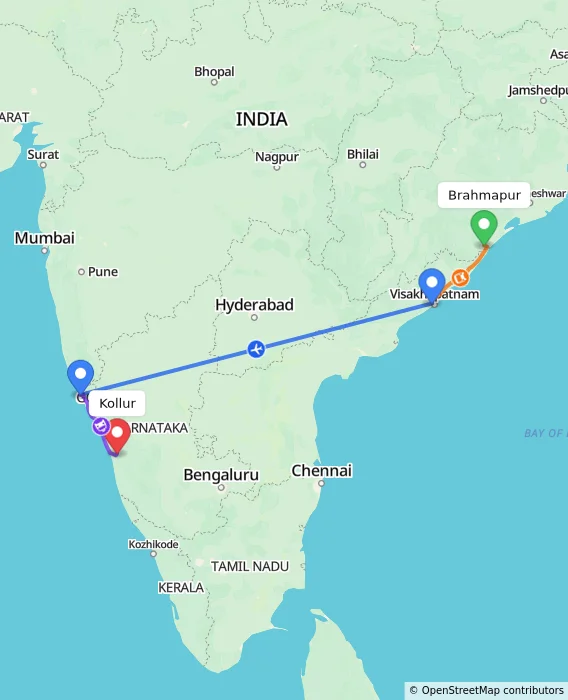 Route map showing distance and travel time from Brahmapur, India to Kollur, India