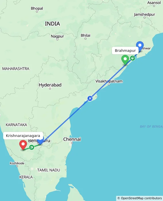 Route map showing distance and travel time from Brahmapur, India to Krishnarajanagara, India