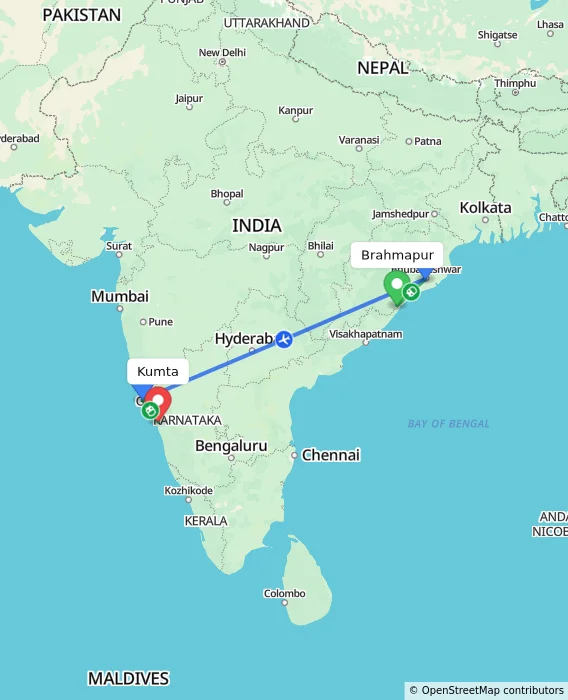 Route map showing distance and travel time from Brahmapur, India to Kumta, India