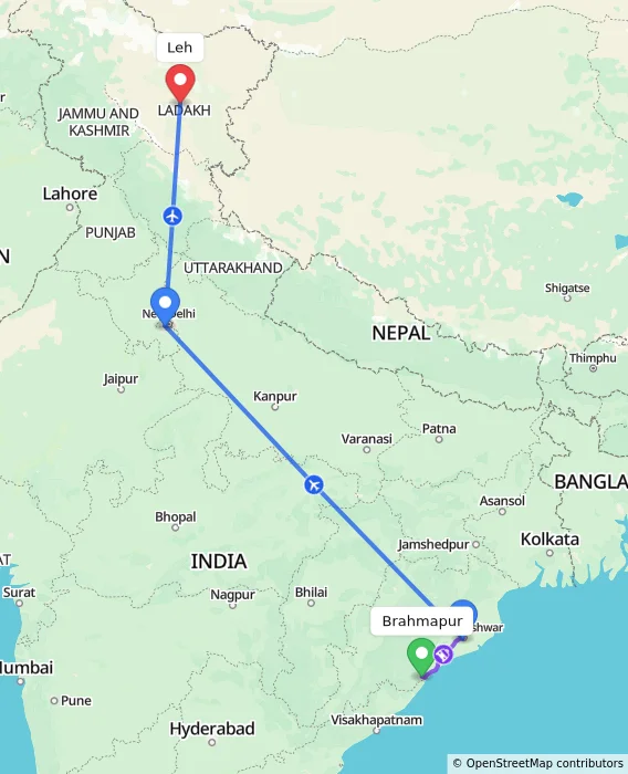 Route map showing distance and travel time from Brahmapur, India to Leh, India