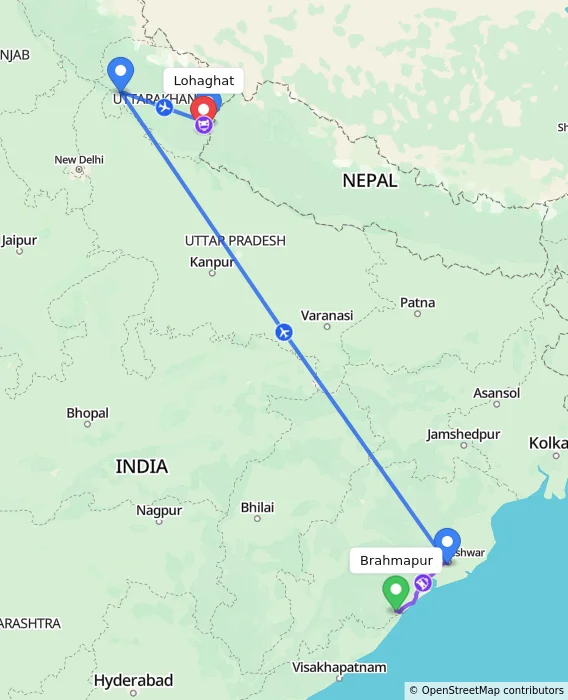 Route map showing distance and travel time from Brahmapur, India to Lohaghat, India