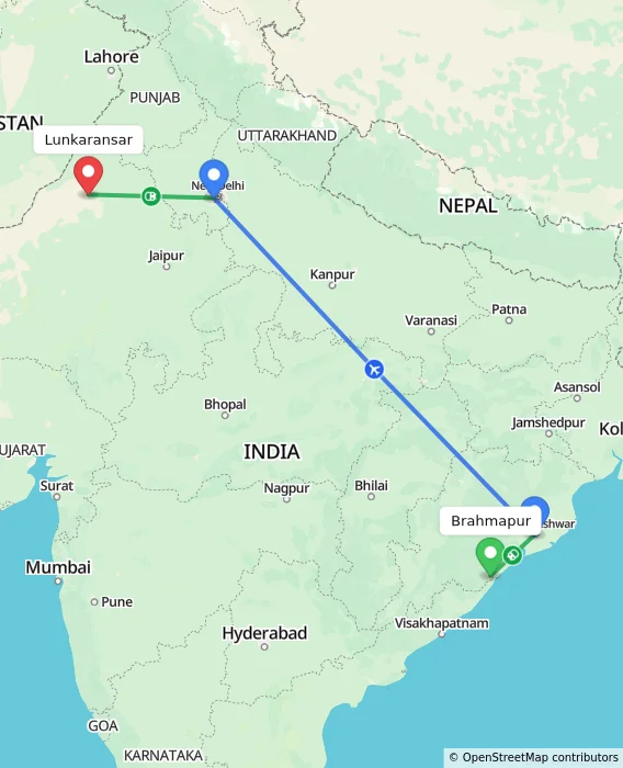 Route map showing distance and travel time from Brahmapur, India to Lunkaransar, India