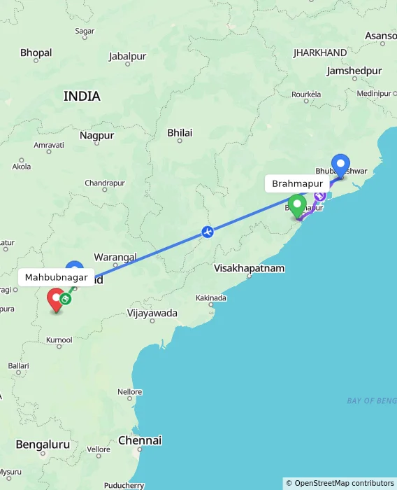 Route map showing distance and travel time from Brahmapur, India to Mahbubnagar, India