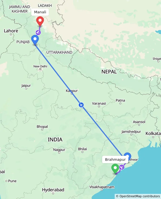 Route map showing distance and travel time from Brahmapur, India to Manali, India