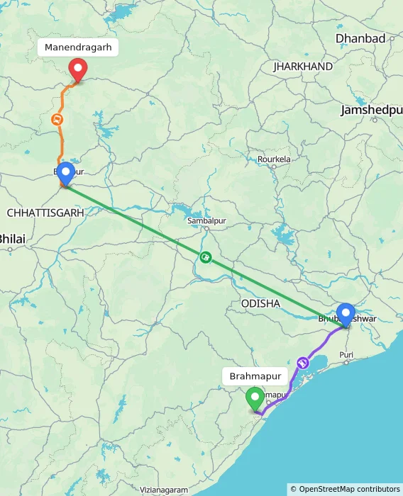 Route map showing distance and travel time from Brahmapur, India to Manendragarh, India
