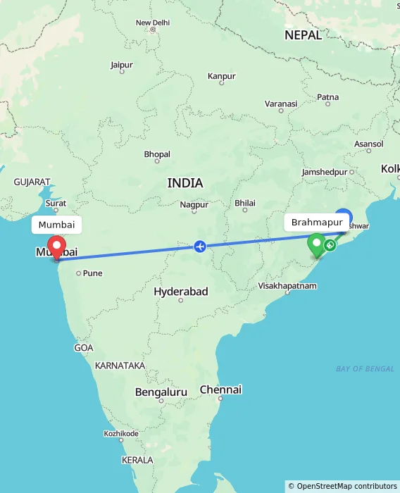 Route map showing distance and travel time from Brahmapur, India to Mumbai, India