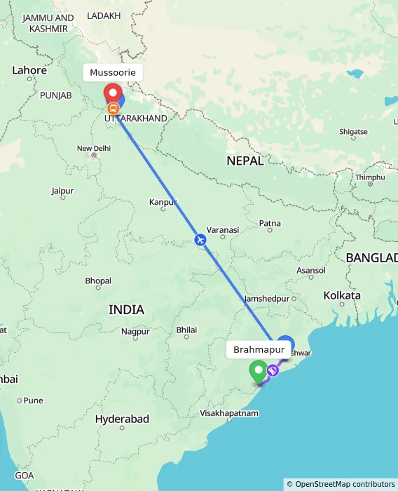 Route map showing distance and travel time from Brahmapur, India to Mussoorie, India