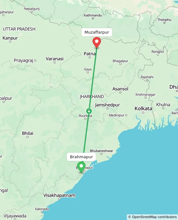 Route map showing distance and travel time from Brahmapur, India to Muzaffarpur, India