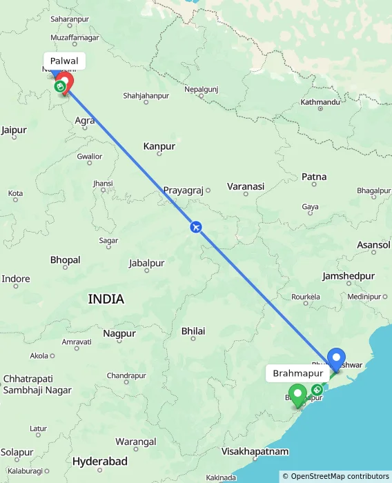 Route map showing distance and travel time from Brahmapur, India to Palwal, India